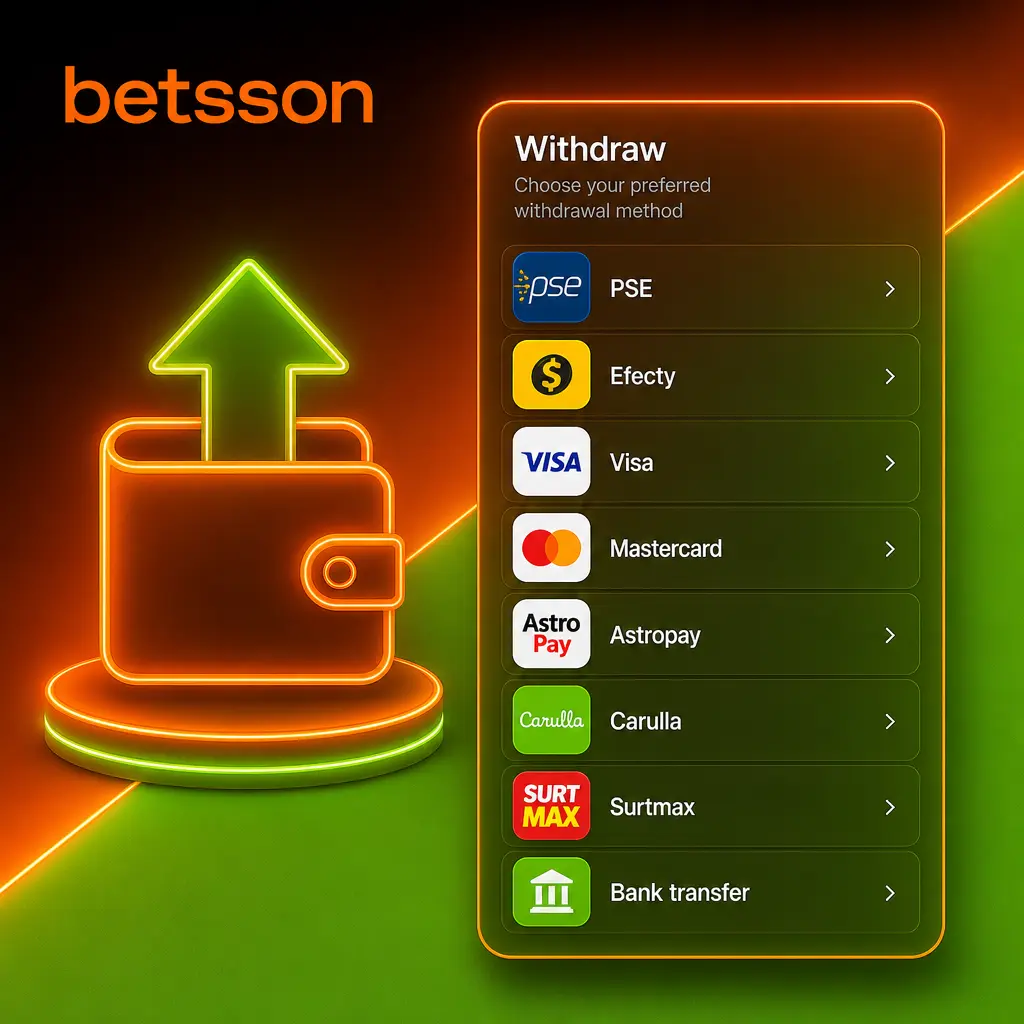 Métodos de retiro en Betsson Colombia: PSE, Efecty, Astropay, tarjetas y transferencia bancaria con pagos seguros.