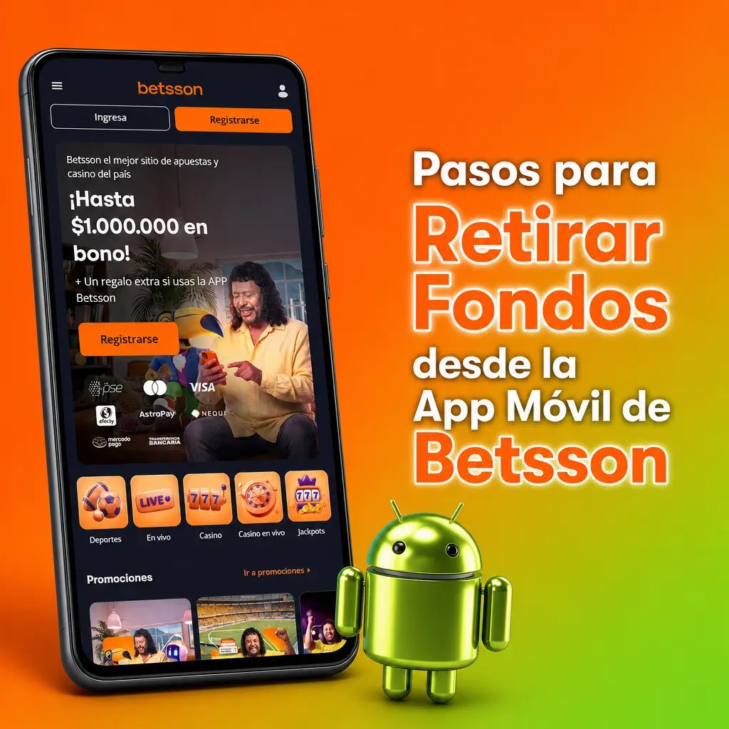 Pasos para retirar fondos desde la app móvil de Betsson: ingresar, ir a retiros, elegir método y confirmar el monto.